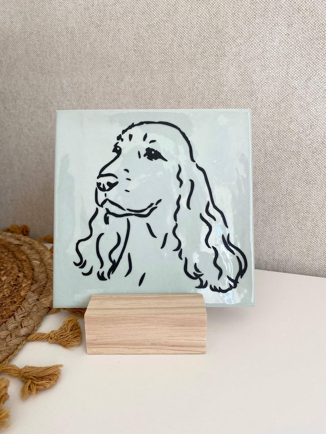 Bedrukt decoratie tegeltje met houten voetje