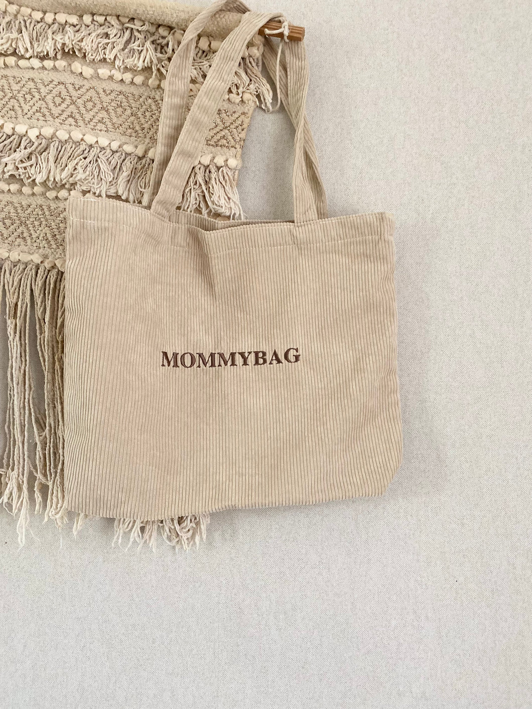 Mommybag/ schooltas/ werktas ribbelstof BEIGE met borduring